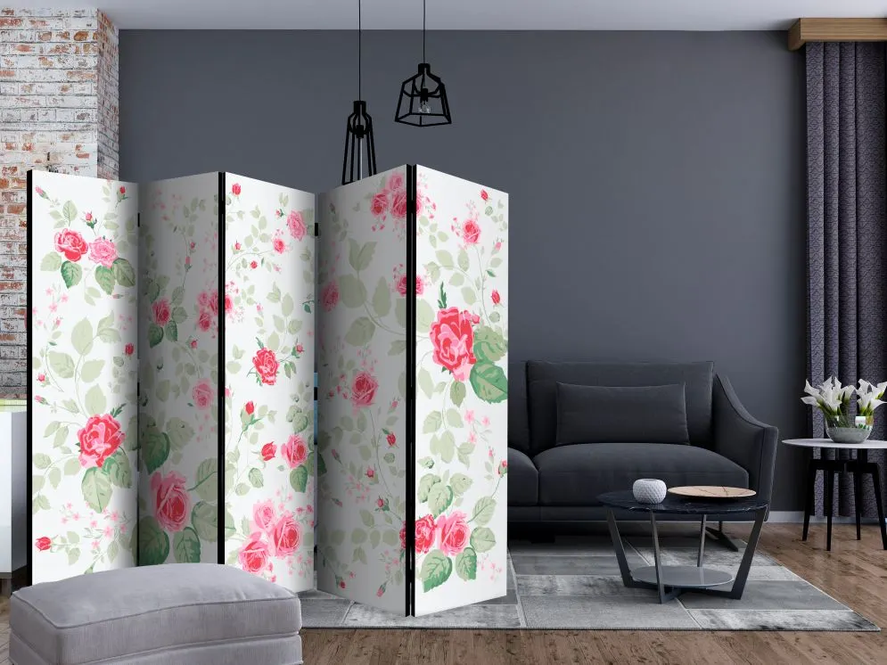 Parawan dwustronny Kwiaty 225x172 cm 5-częściowy biały | MIRAT.