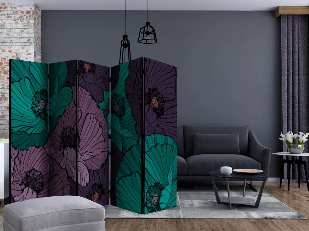 Parawan jednostronny Kwiaty 225x172 cm 5-częściowy niebieski | MIRAT.