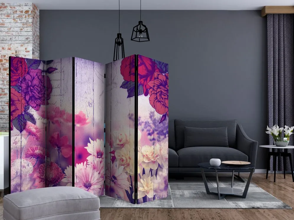 Parawan akustyczny Kwiaty 225x172 cm 5-częściowy szary | MIRAT.