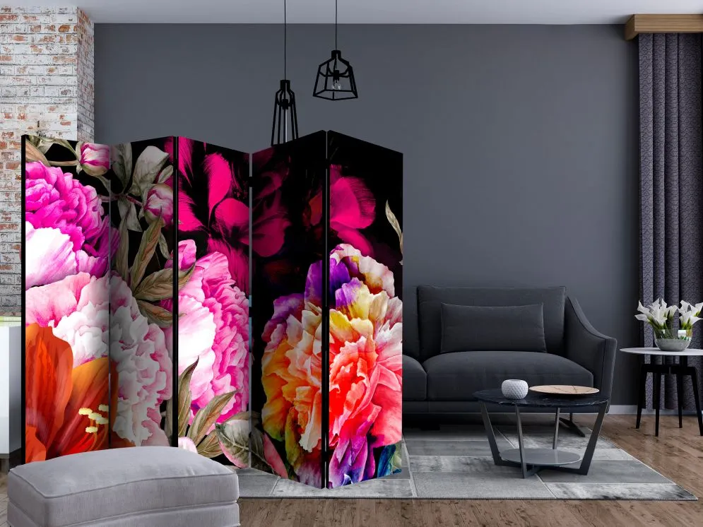Parawan jednostronny Kwiaty 225x172 cm 5-częściowy czarny | MIRAT.