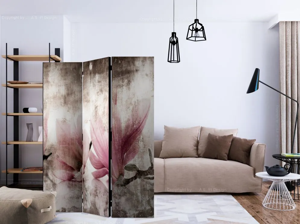 Parawan dwustronny Kwiaty 135x172 cm 3-częściowy szary | MIRAT.