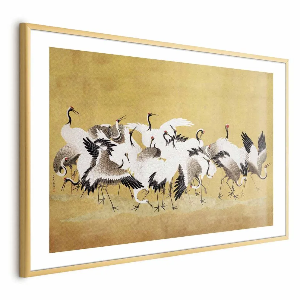 Plakat Japońskie żurawie 60x40 cm z ramą złotą z marginesem | MIRAT.