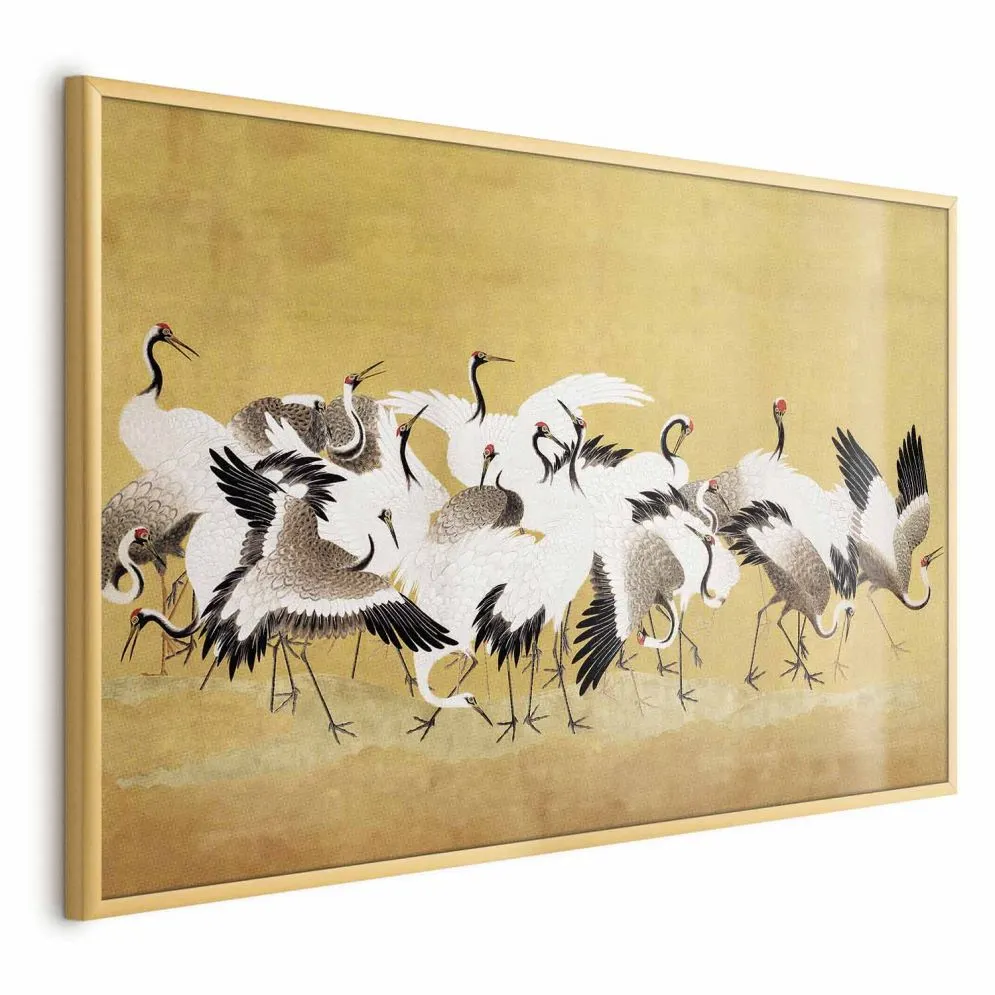 Plakat Japońskie żurawie 90x60 cm z ramą złotą bez marginesu | MIRAT.