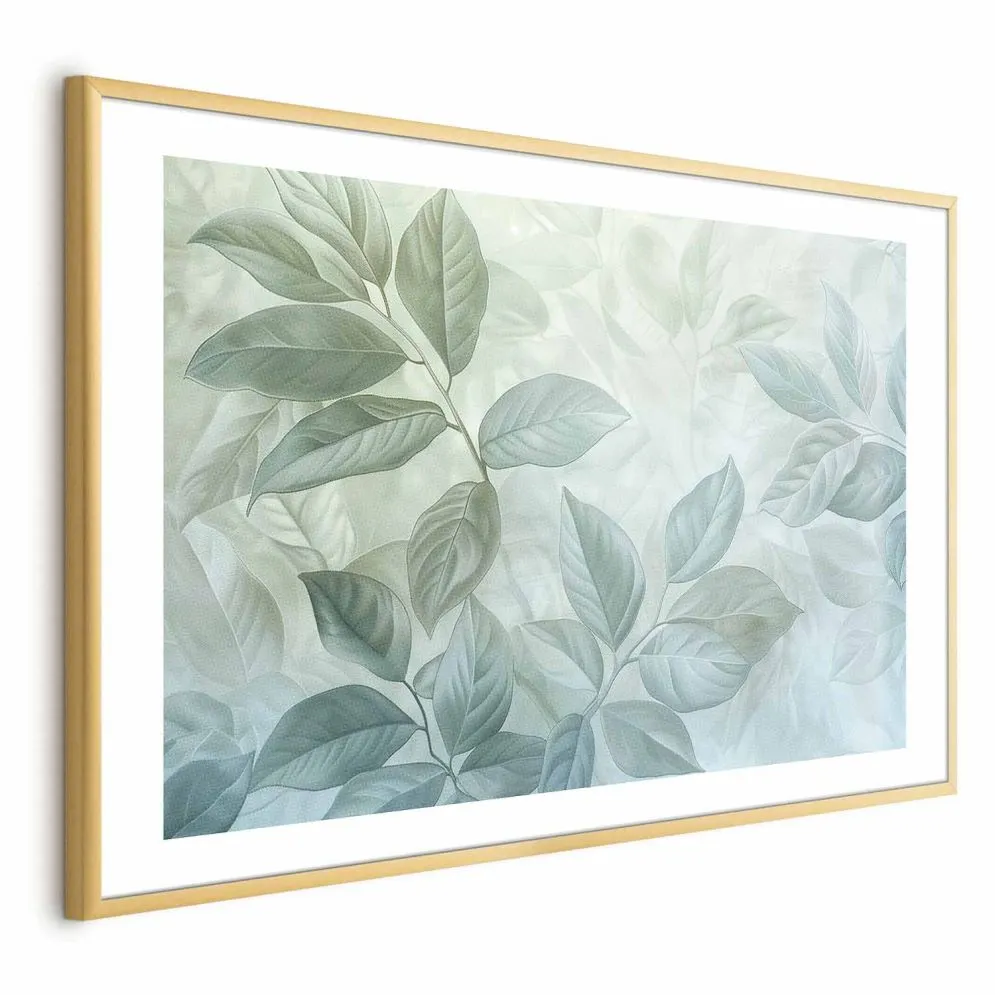 Plakat Miętowe liście 60x40 cm z ramą złotą z marginesem | MIRAT.
