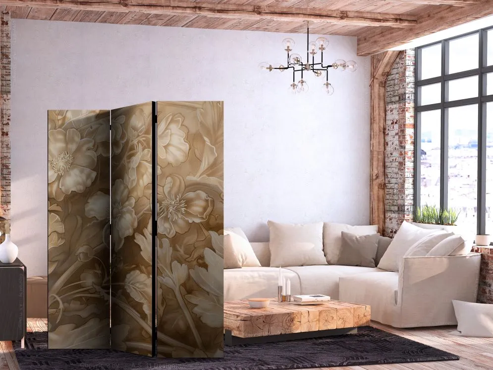 Parawan dwustronny Kwiaty 135x172 cm 3-częściowy beżowy | MIRAT.