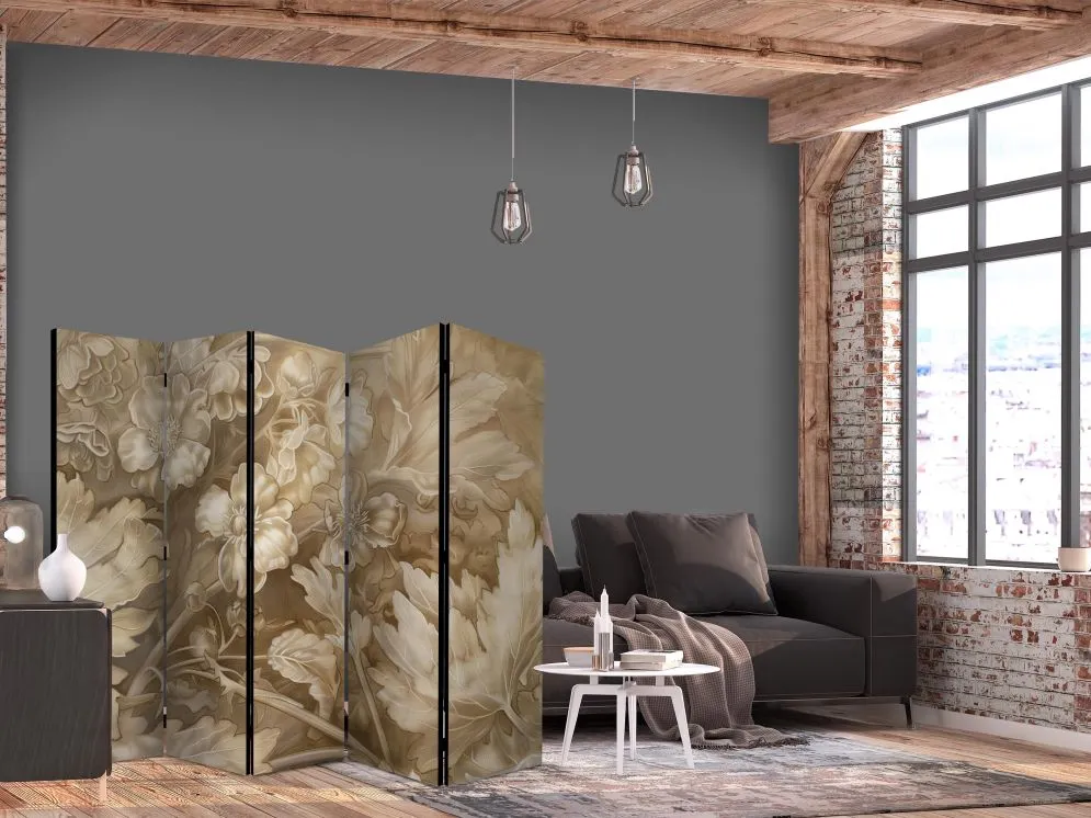 Parawan jednostronny Kwiaty 225x172 cm 5-częściowy beżowy | MIRAT.