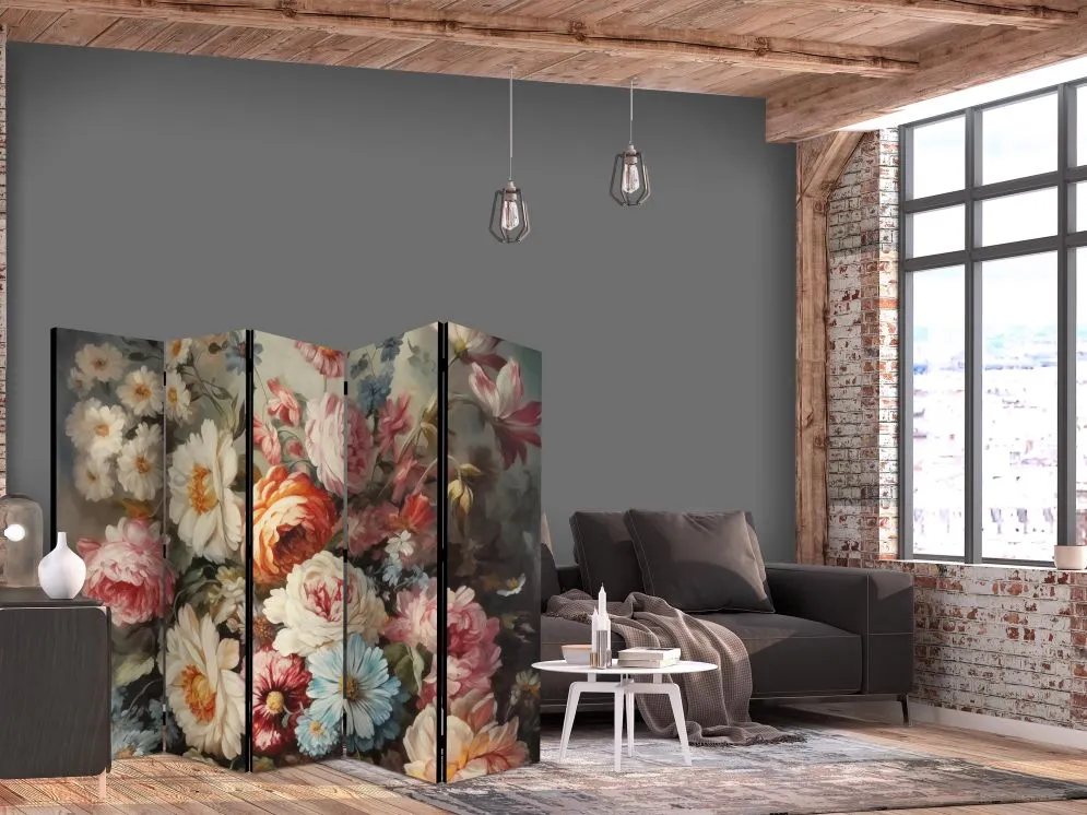 Parawan dwustronny Kwiaty 225x172 cm 5-częściowy beżowy | MIRAT.