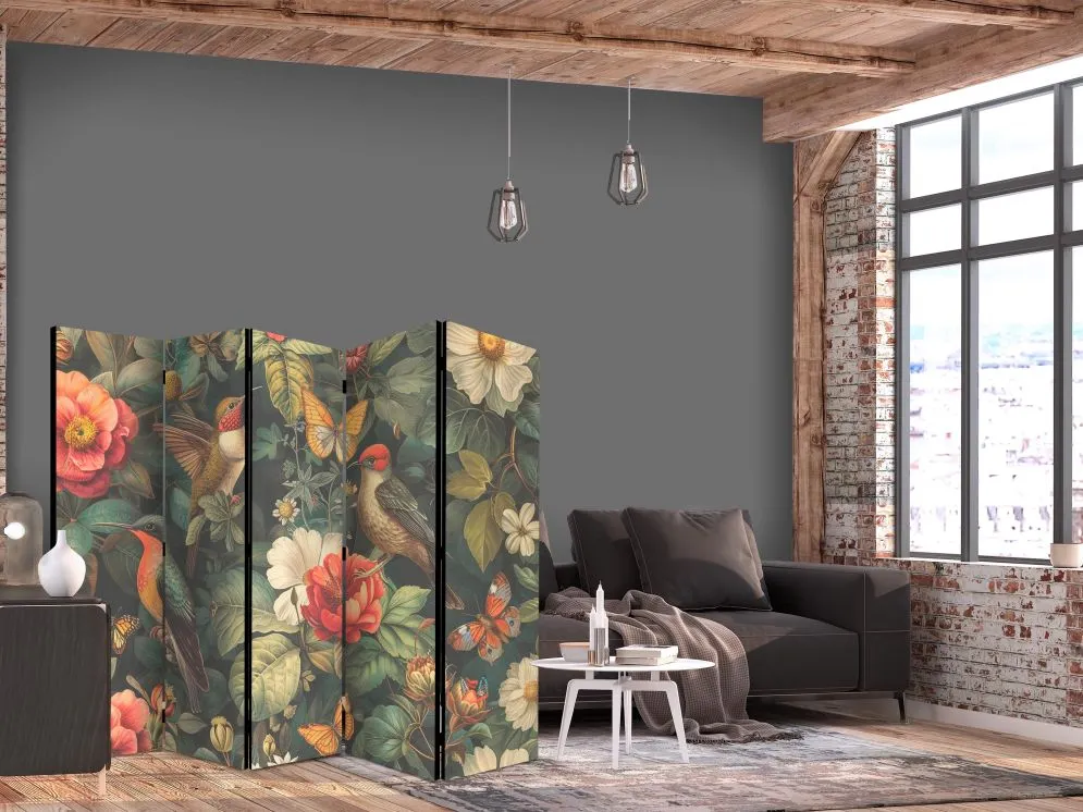 Parawan dwustronny Kwiaty 225x172 cm 5-częściowy beżowy | MIRAT.
