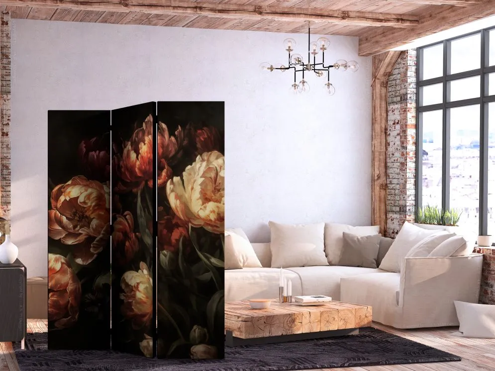Parawan dwustronny Kwiaty 135x172 cm 3-częściowy beżowy | MIRAT.