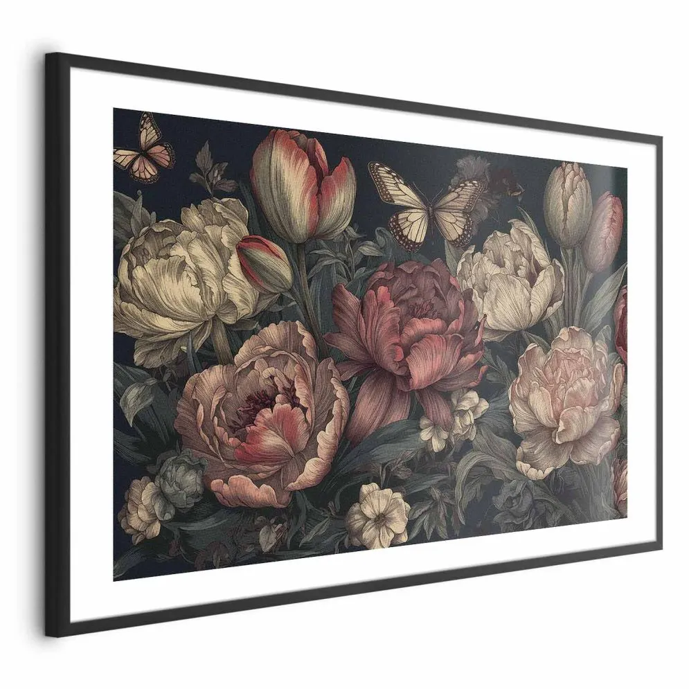 Plakat Kwiaty na turkusowym tle 42x29,7 cm z ramą czarną z marginesem | MIRAT.