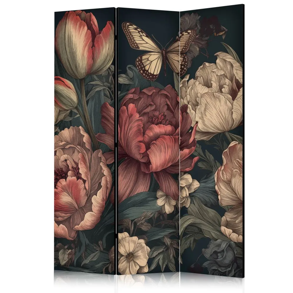 Parawan jednostronny Kwiaty 135x172 cm 3-częściowy brązowy | MIRAT.