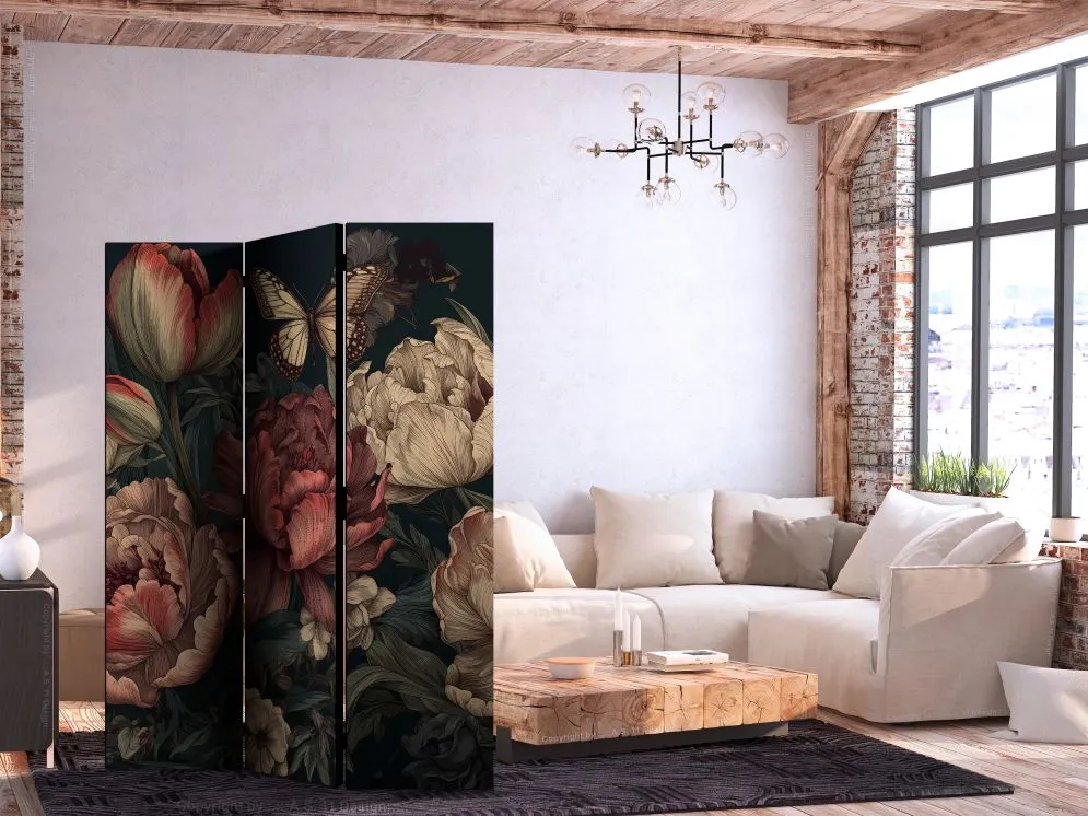Parawan jednostronny Kwiaty 135x172 cm 3-częściowy brązowy | MIRAT.