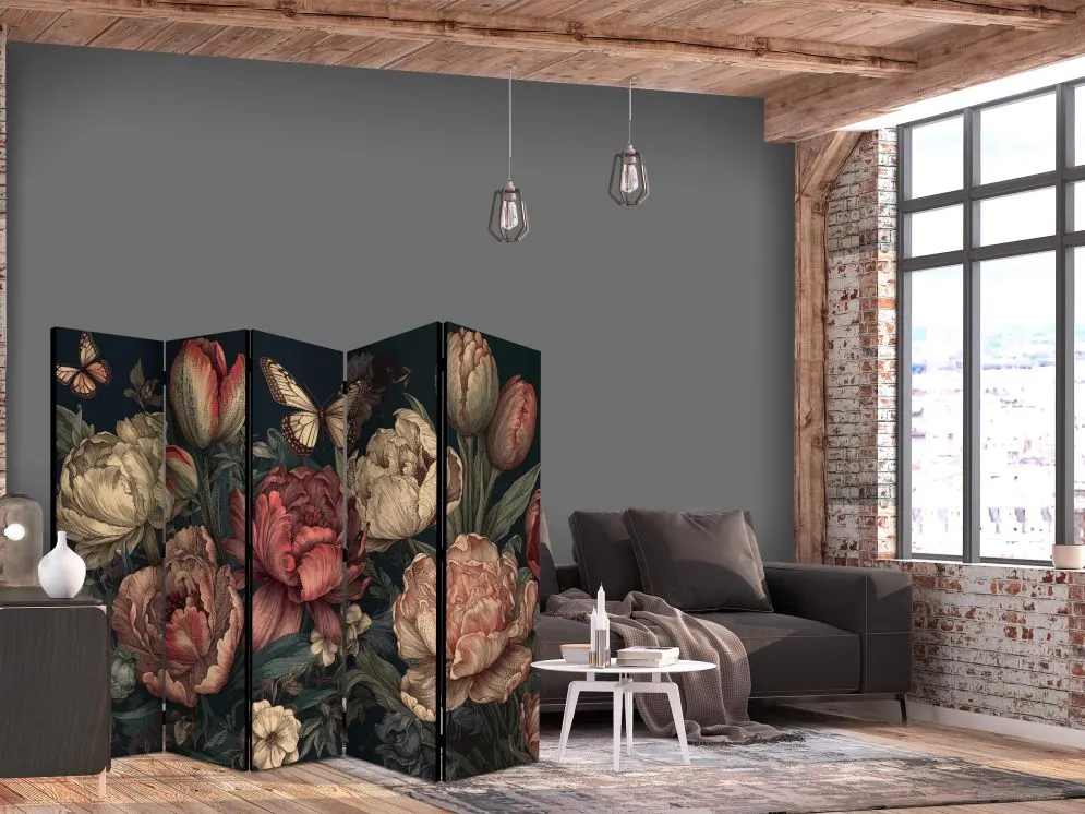 Parawan akustyczny Kwiaty 225x172 cm 5-częściowy brązowy | MIRAT.
