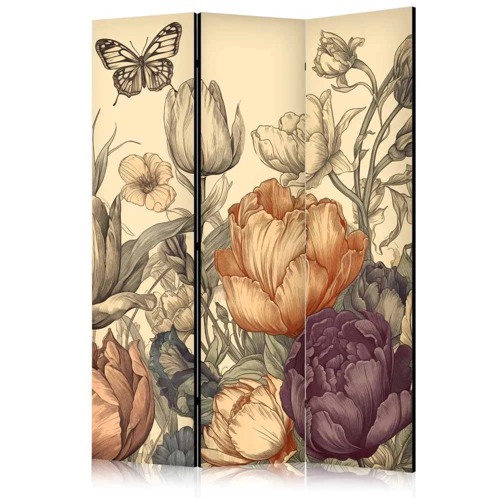 Parawan akustyczny Kwiaty 135x172 cm 3-częściowy beżowy | MIRAT.