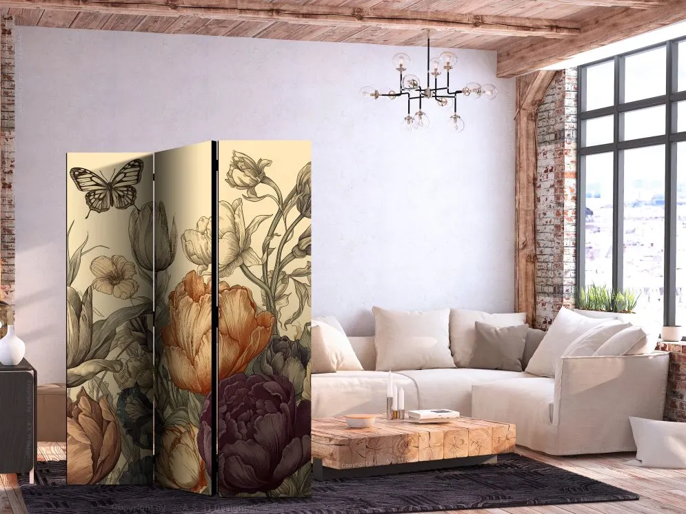 Parawan akustyczny Kwiaty 135x172 cm 3-częściowy beżowy | MIRAT.