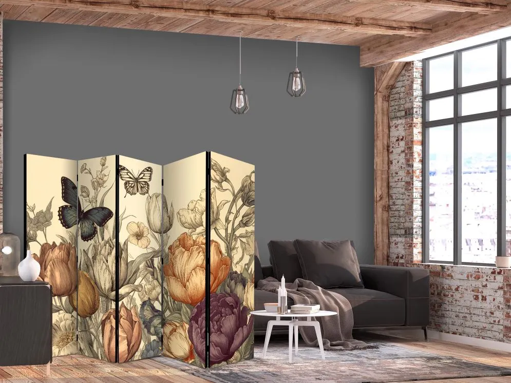 Parawan jednostronny Kwiaty 225x172 cm 5-częściowy beżowy | MIRAT.