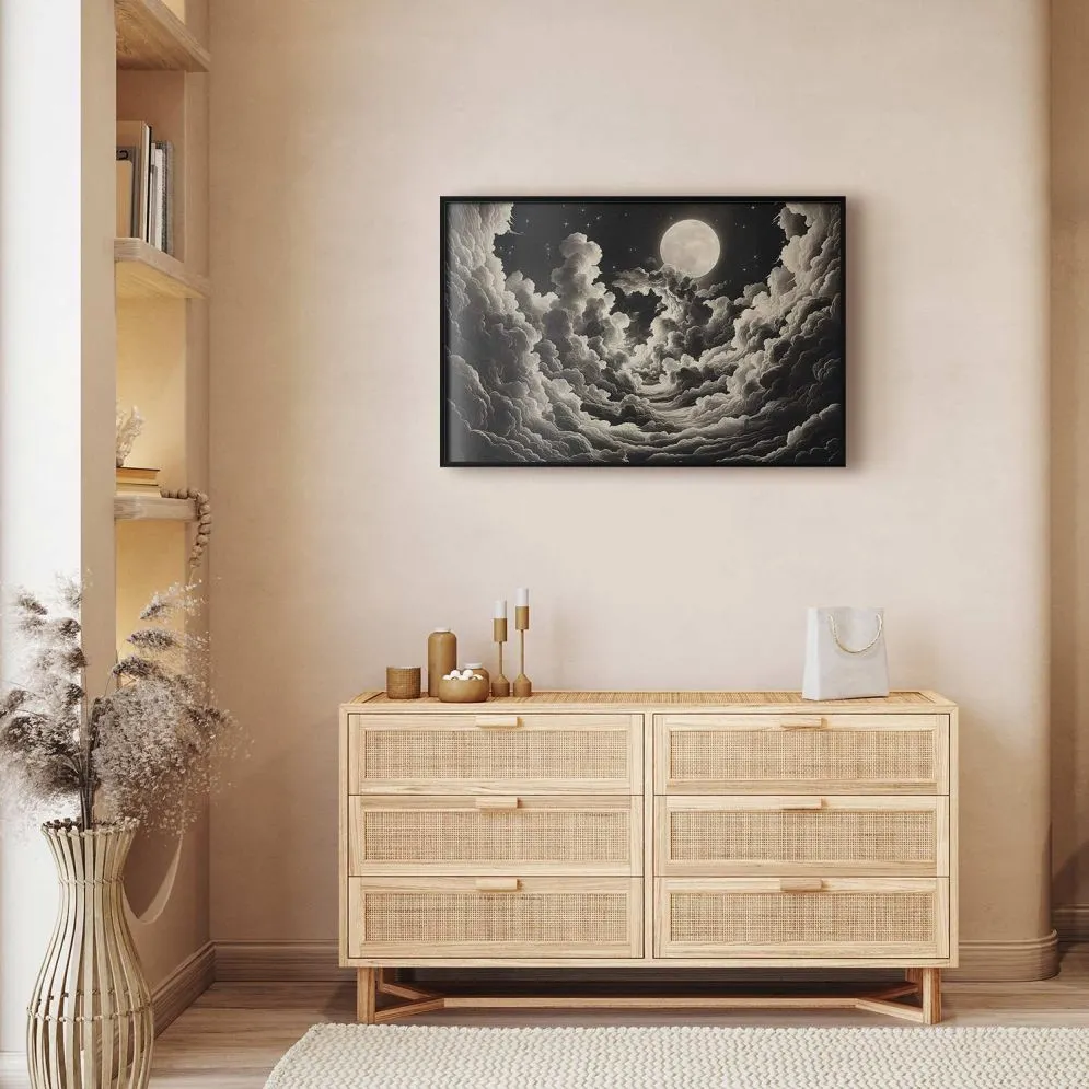 Plakat Księżyc wśród chmur 30x21 cm z ramą czarną bez marginesu | MIRAT.