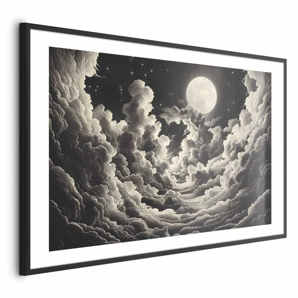 Plakat Księżyc wśród chmur 90x60 cm z ramą czarną z marginesem | MIRAT.