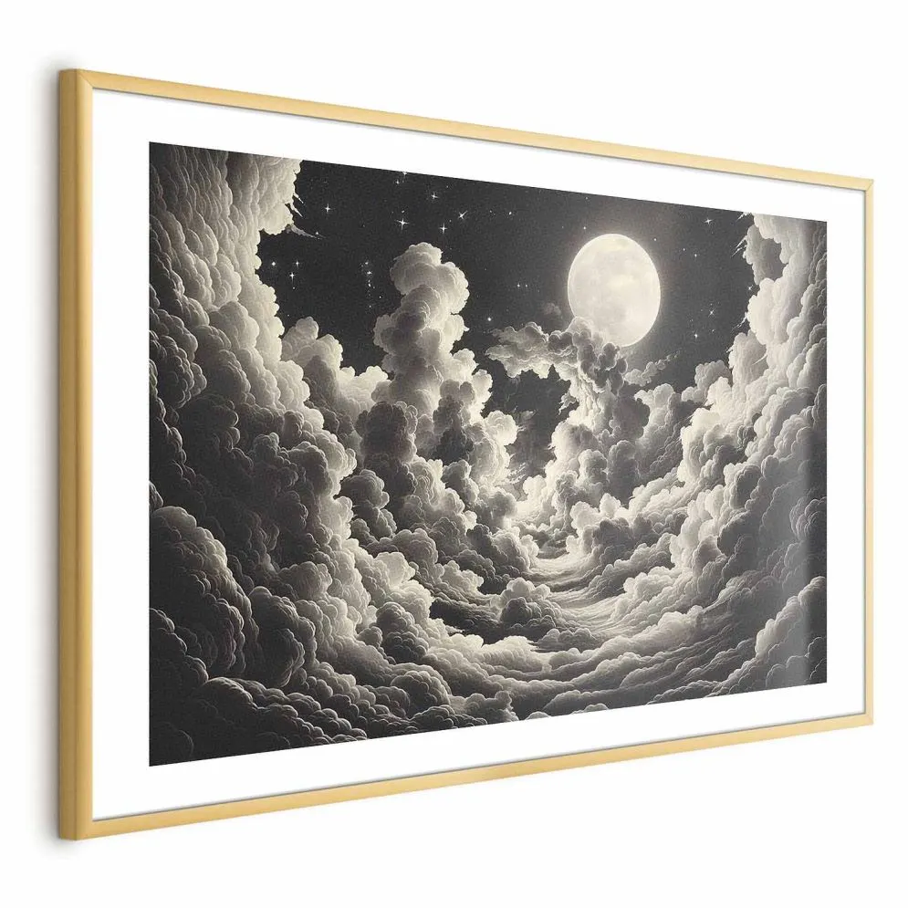 Plakat Księżyc wśród chmur 60x40 cm z ramą złotą z marginesem | MIRAT.