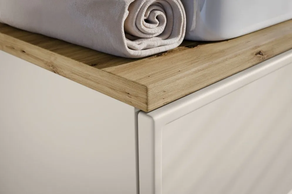 Szafka pod umywalkę nablatową BELLA CASHMERE 80cm kaszmir/dąb artisan - zestaw 100 cm z regałem i blatem I sklep meblowy MIRAT.