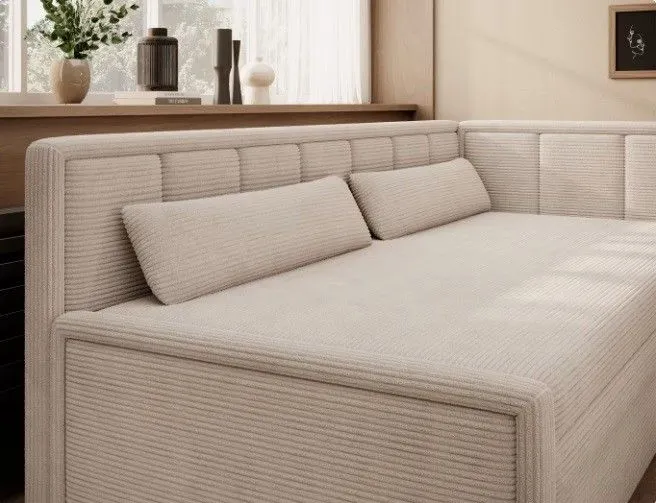Młodzieżowa sofa rozkładana z funkcją spania FULGEO beżowa prawa I sklep meblowy MIRAT.