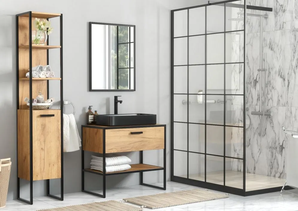 Szafka pod umywalkę nablatową BROOKLIN 90 cm dąb craft złoty stojąca | MIRAT. w stylu LOFT kolekcja BROOKLIN