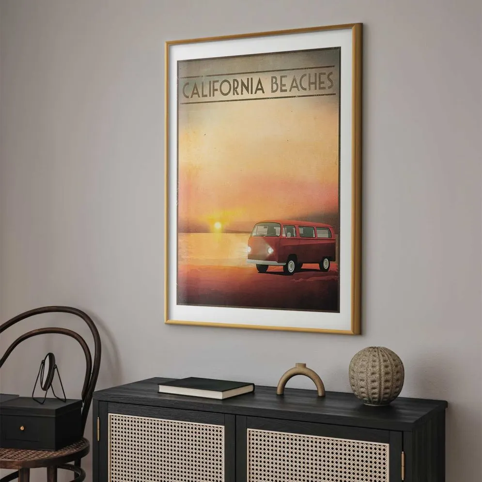 Plakat California Beaches 40x60 cm z ramą złotą z marginesem | MIRAT.