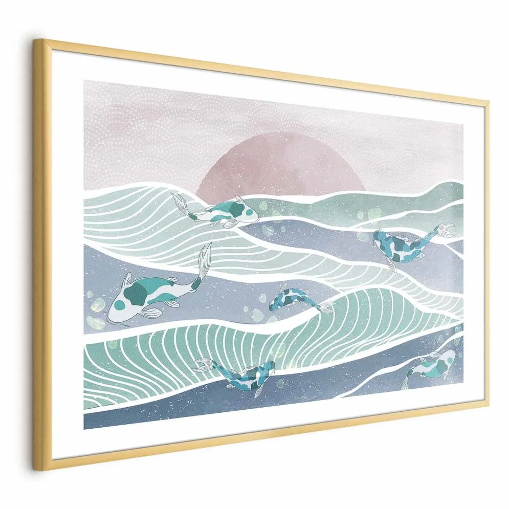 Plakat Ryby na falach 60x40 cm z ramą złotą z marginesem | MIRAT.