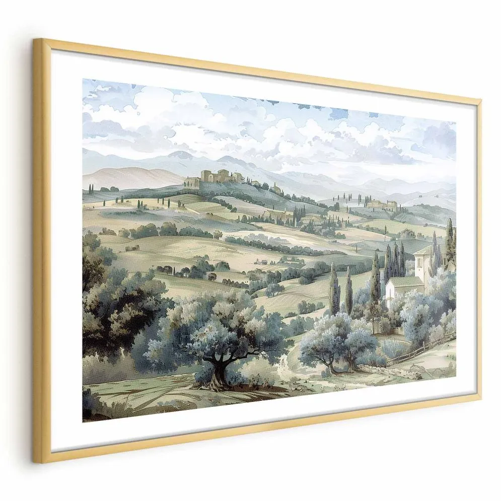 Plakat Pejzaż z polami 90x60 cm z ramą złotą z marginesem | MIRAT.