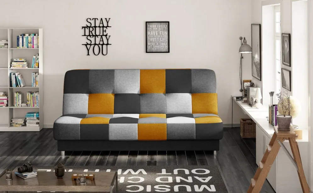 Sofa rozkładana z funkcją spania CAYO VELVET czarna/szara/żółta z pojemnikiem | MIRAT.