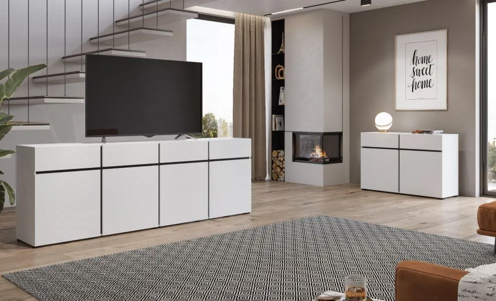 Komoda CROSS 4D4S 225cm biała/czarna czterodrzwiowa I sklep meblowy MIRAT. styl SKANDYNAWSKI