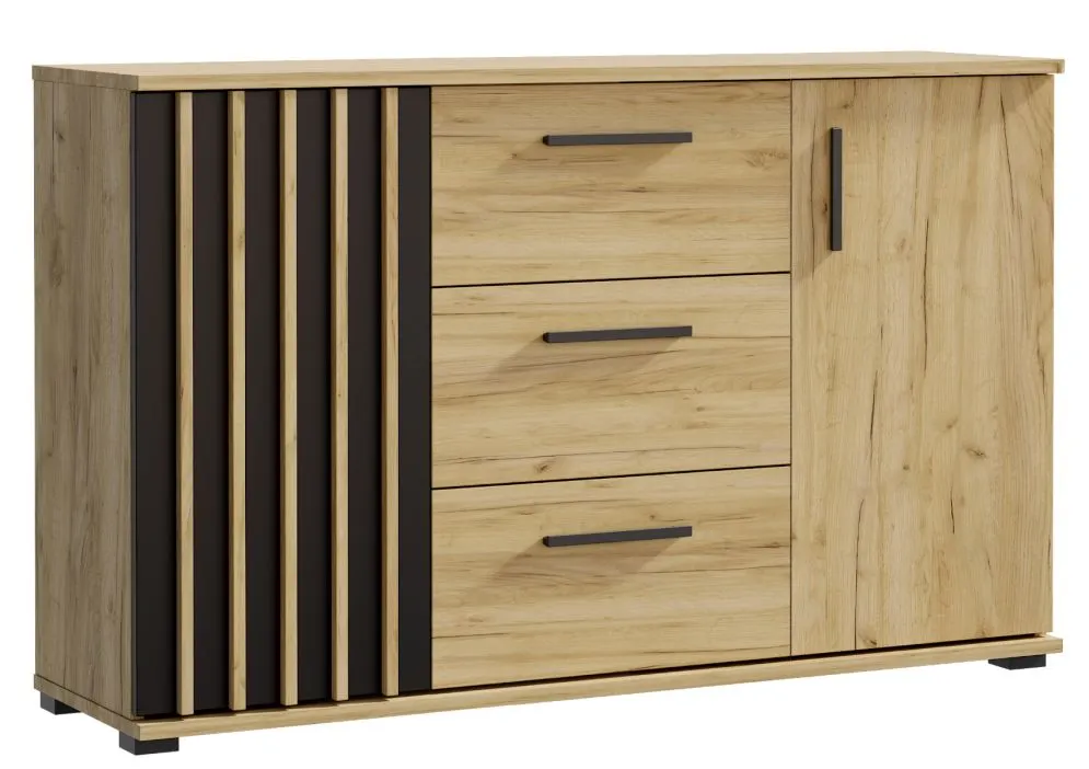 Komoda KALI 140 czarny/dąb craft ryflowane fronty I sklep meblowy MIRAT. styl LOFT, RYFLOWANY