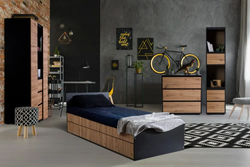 Łóżko młodzieżowe DALIA 90x200 antracyt/dąb z pojemnikiem I sklep meblowy MIRAT. styl LOFT kolekcja DALIA