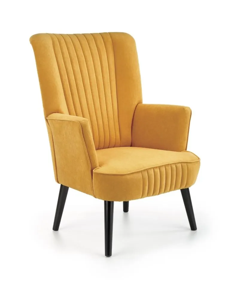 Fotel do salonu DELGADO VELVET musztardowy na drewnianych nogach | MIRAT. styl LOFT