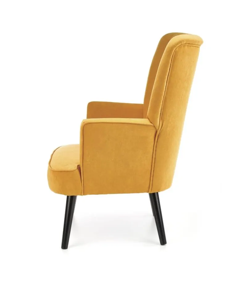 Fotel do salonu DELGADO VELVET musztardowy na drewnianych nogach | MIRAT. styl LOFT