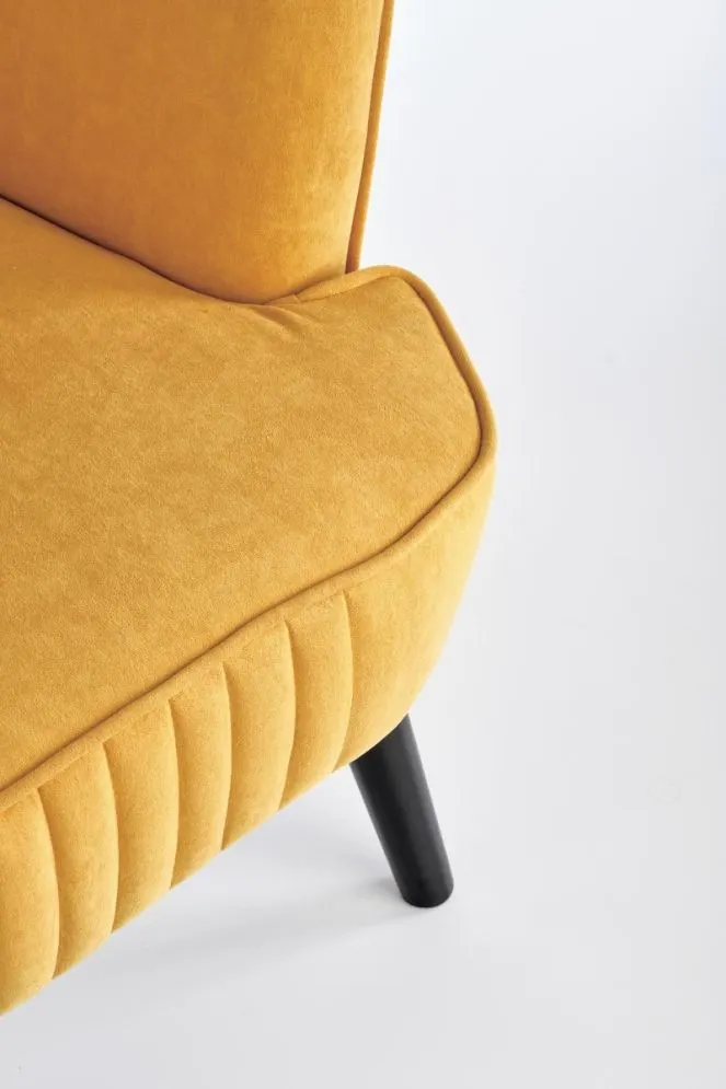 Fotel do salonu DELGADO VELVET musztardowy na drewnianych nogach | MIRAT. styl LOFT