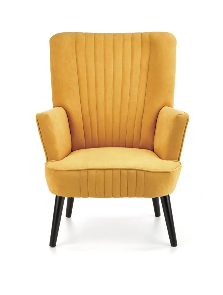 Fotel do salonu DELGADO VELVET musztardowy na drewnianych nogach | MIRAT. styl LOFT
