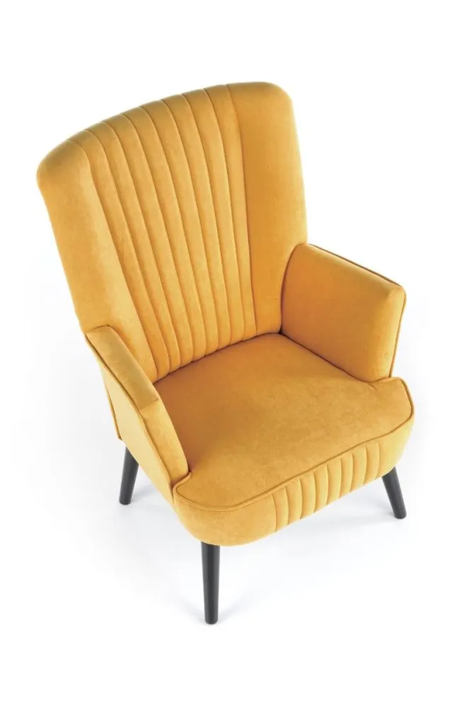 Fotel do salonu DELGADO VELVET musztardowy na drewnianych nogach | MIRAT. styl LOFT