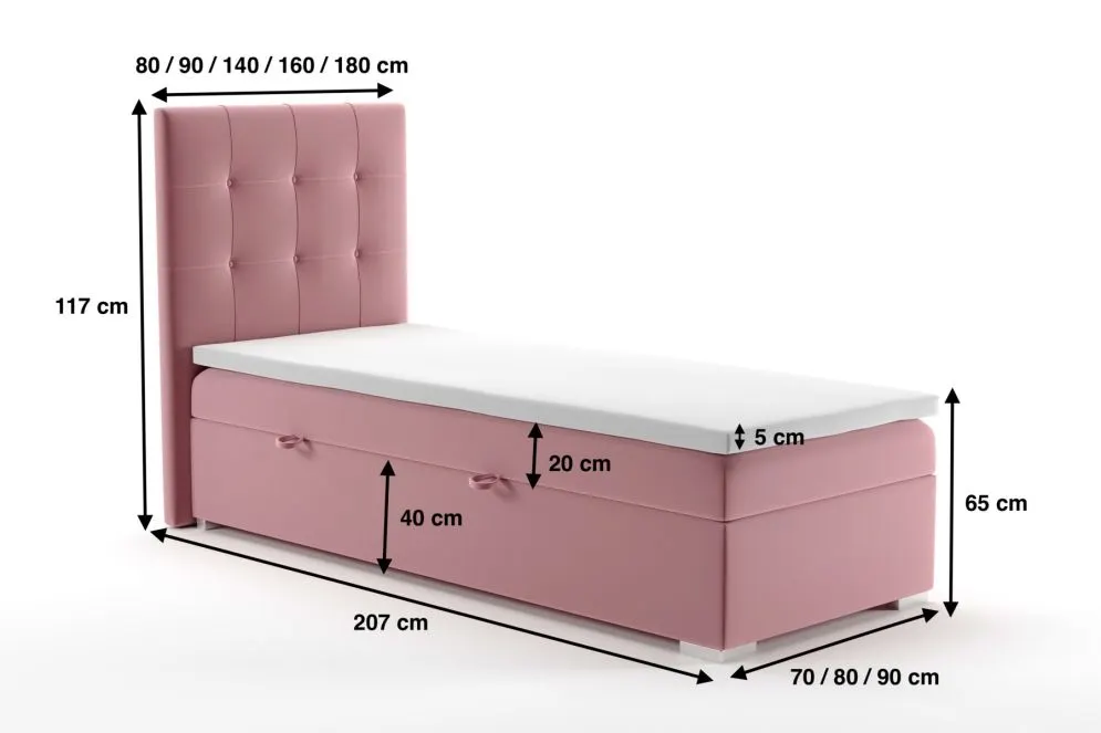 Łóżko kontynentalne JAGULA 90 szare velvet z pojemnikiem i materacem | MIRAT. w stylu GLAMOUR kolekcja