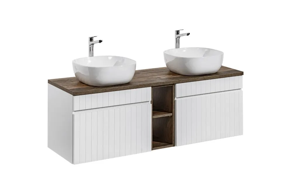 Szafka pod umywalkę ICONIC WHITE 60cm + ICONIC WHITE 60cm + SANTA FE OAK 81-01-A ryflowane fronty zestaw z blatem I sklep meblowy MIRAT. styl RYFLOWANY