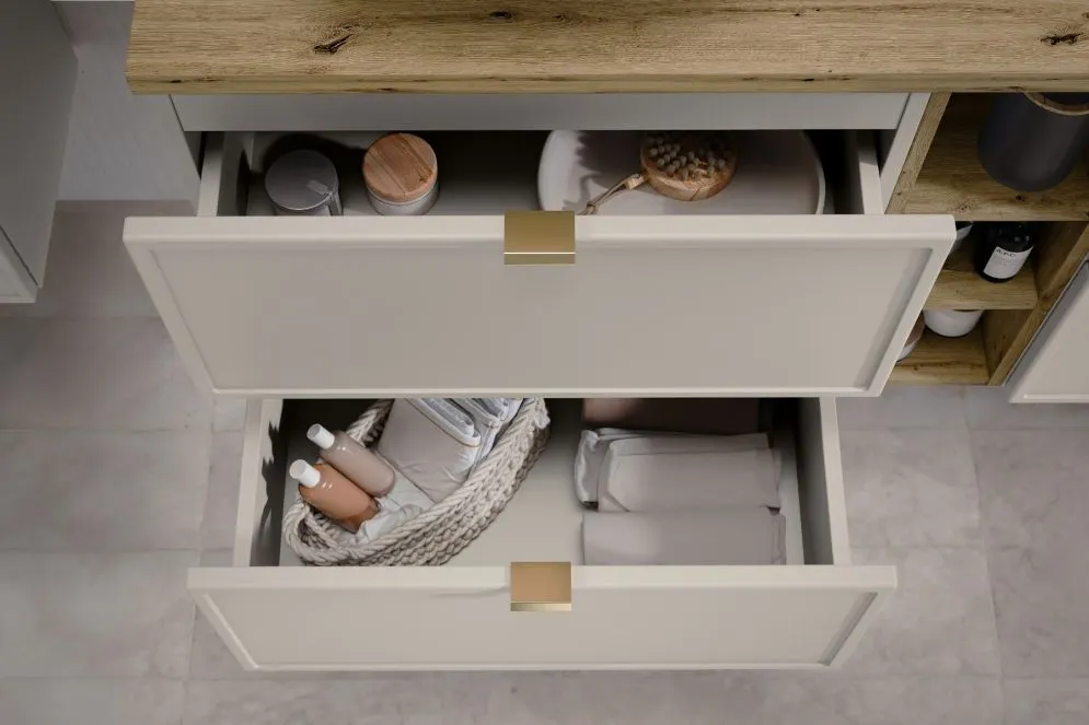 Szafka pod umywalkę nablatową BELLA CASHMERE 80cm kaszmir/dąb artisan - zestaw 100 cm z regałem i blatem I sklep meblowy MIRAT.