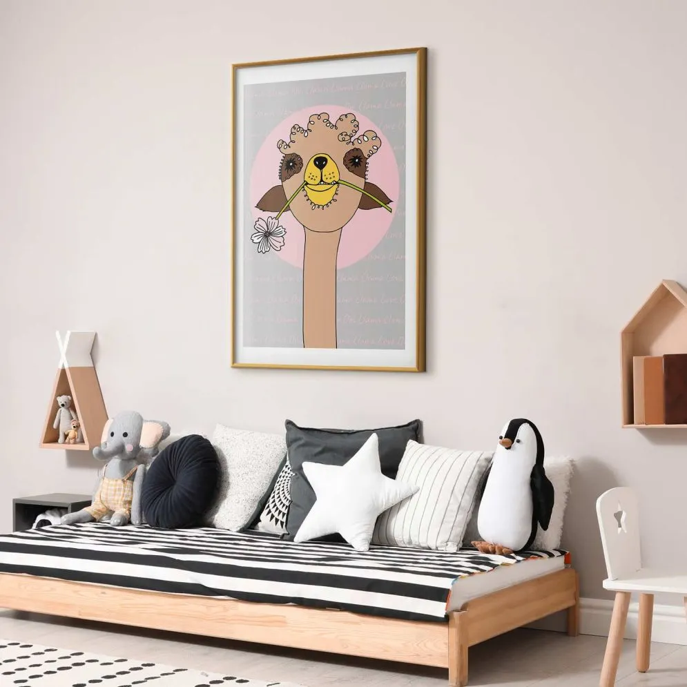 Plakat Wesoła lama 40x60 cm z ramą złotą z marginesem | MIRAT.