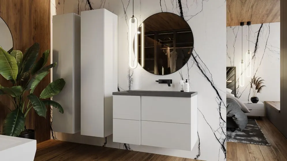 Umywalka wpuszczana kwarcowa EDGE 90 cm beton mat z otworem na baterię | MIRAT