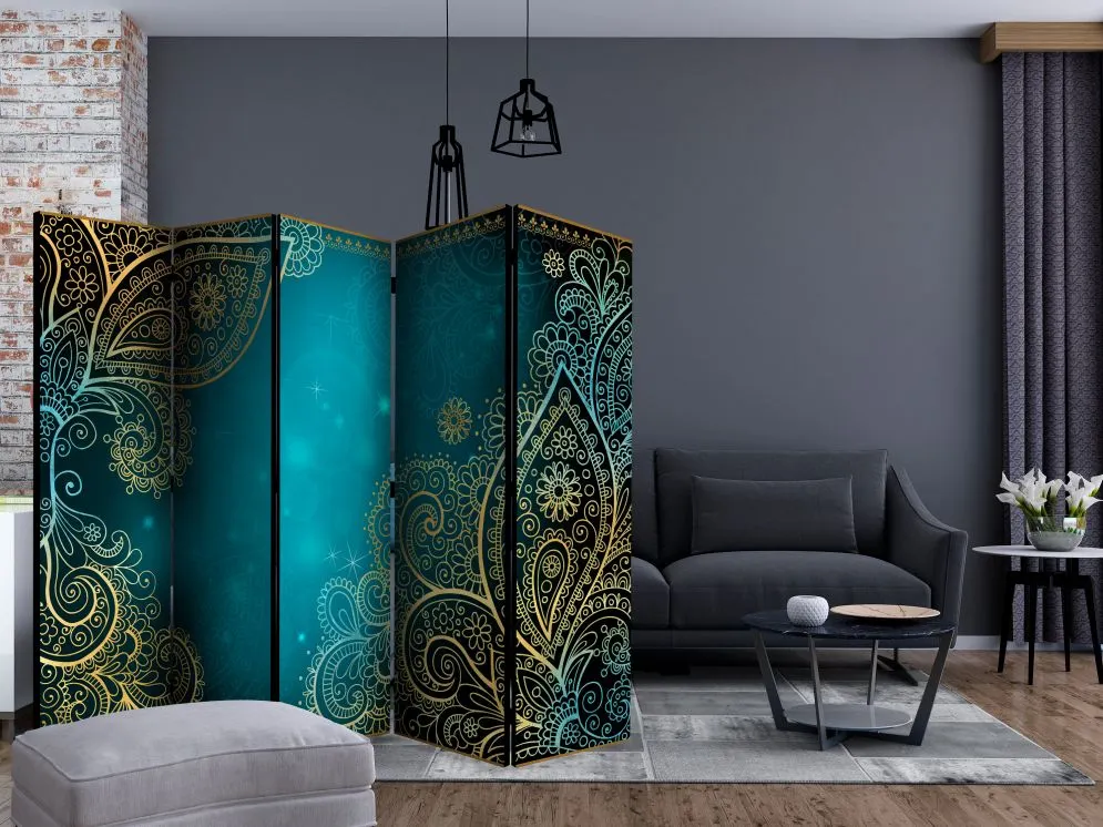 Parawan jednostronny Orient 225x172 cm 5-częściowy niebieski | MIRAT.