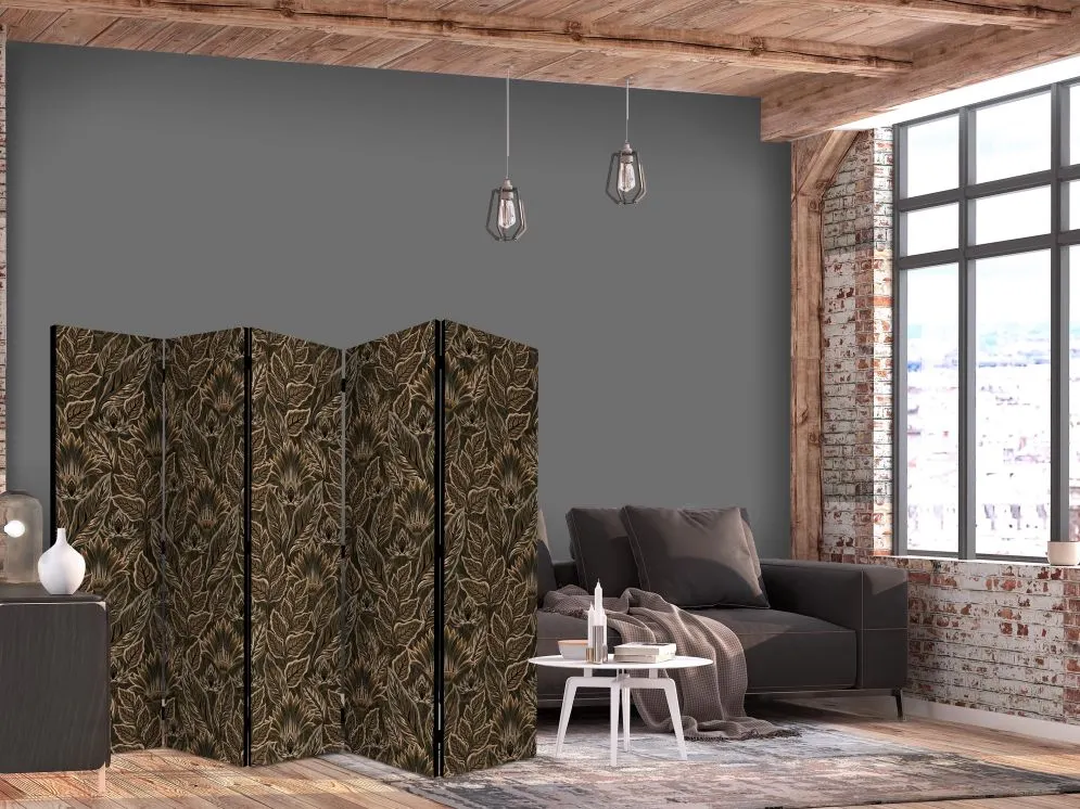 Parawan dwustronny Kwiaty 225x172 cm 5-częściowy brązowy | MIRAT.