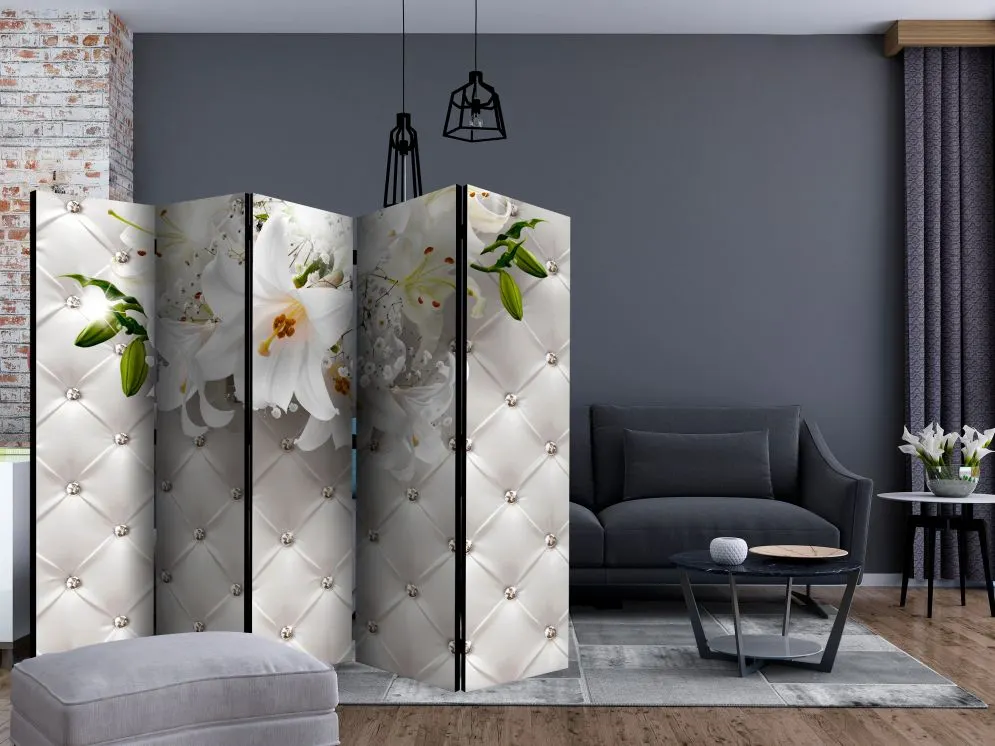 Parawan dwustronny Kwiaty 225x172 cm 5-częściowy szary | MIRAT.