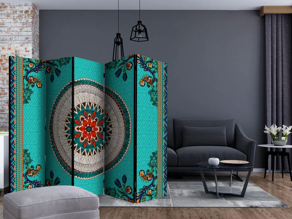 Parawan jednostronny Orient 225x172 cm 5-częściowy turkusowy | MIRAT.