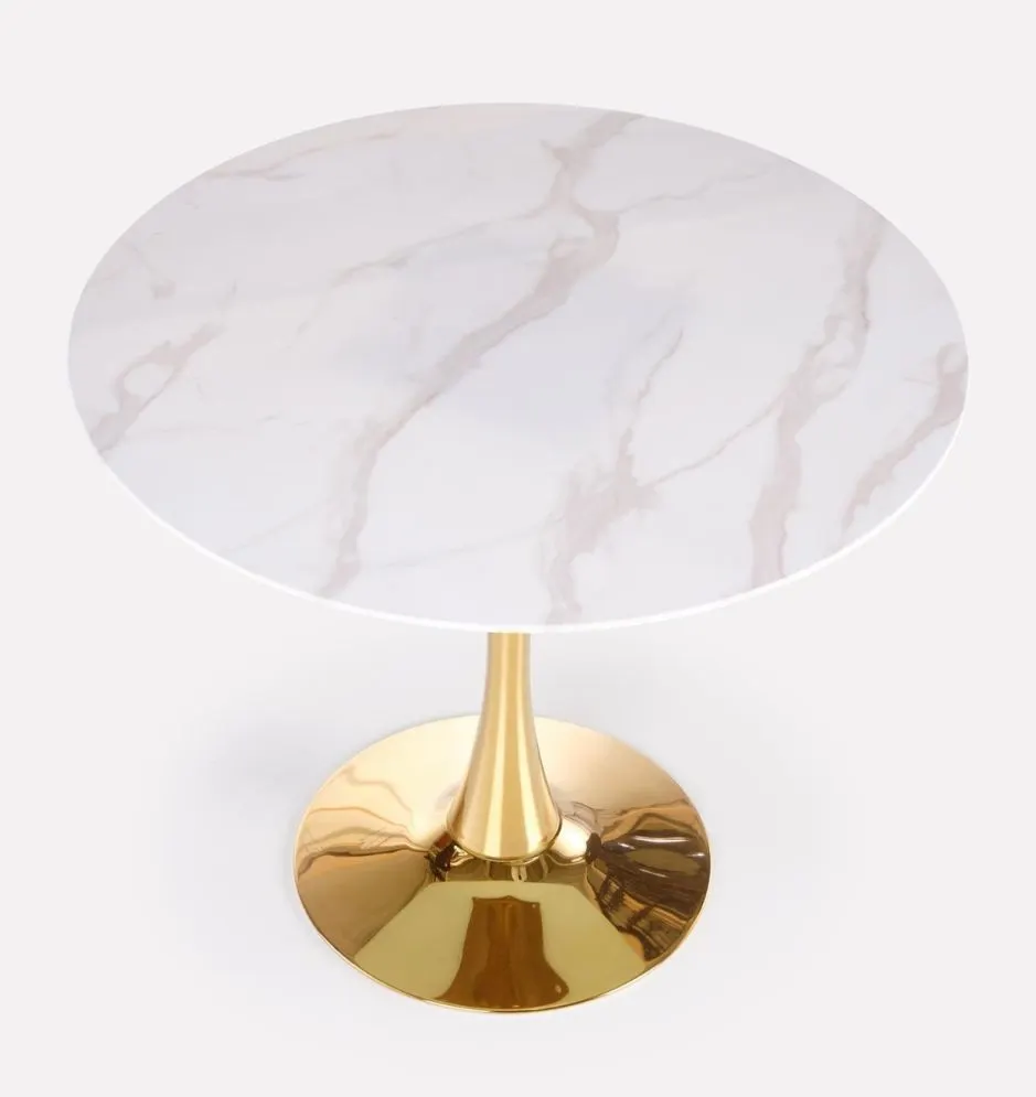 Stół okrągły CASEMIRO 90x90 biały marmur/złoty na jednej nodze | MIRAT. styl GLAMOUR