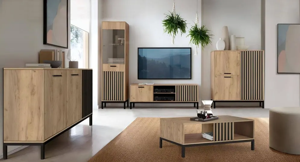 Witryna LAMINO W-1 dąb craft/czarna przeszklona I sklep meblowy MIRAT. styl LOFT kolekcja LAMINO