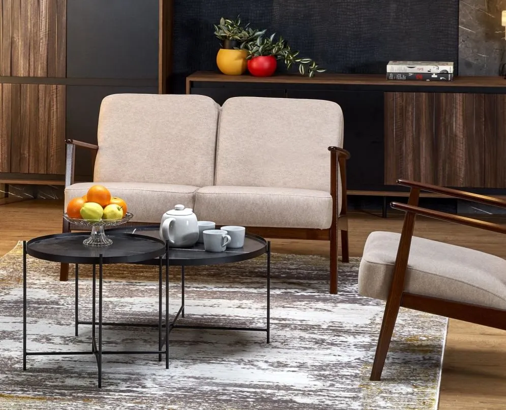 Sofa MILANO 2S beżowa/orzech na drewnianych nogach I sklep meblowy MIRAT. styl SKANDYNAWSKI